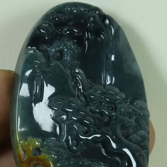 Cert'd Dark Green Natural A JADE jadeite Carved 2-sided Pendant Old pine - Picture 6 of 11